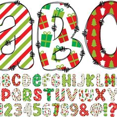 the letters and numbers are decorated with christmas decorations, such as presents or gifts on them