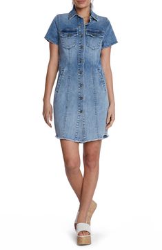 This casual-cool jean dress is designed with abbreviated sleeves and a feathery frayed hem. 35 1/2" front length; 36 1/2" back length Front button closure Spread collar Short sleeves 96% cotton, 3% polyester, 1% spandex Machine wash, tumble dry Imported Medium Wash Denim Dress With Frayed Hem, Trendy Fitted Denim Dress With Frayed Hem, Spring Denim Dress With Frayed Hem In Medium Wash, Trendy Light Wash Denim Dress With Frayed Hem, Casual Denim Dress With Frayed Hem And Short Sleeves, Cotton Denim Dress With Frayed Hem And Short Sleeves, Denim Dress With Frayed Hem And Short Sleeves, Trendy Denim Dress With Frayed Hem, Spring Denim Dress With Frayed Hem