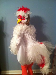 Chicken costume Chicken Makeup Halloween, Chicken Costume Diy Woman, Diy Womens Chicken Costume, Homemade Chicken Costume, Chicken Little Halloween Costume, Chicken Costume Diy, Baby Chicken Halloween Costume, Mc Chicken