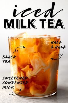 iced milk tea in a glass with ingredients labeled