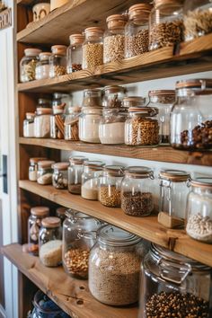 the shelves are filled with many different types of spices and food in glass jars on wooden shelves