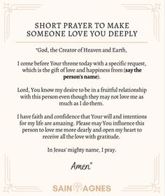 a prayer card with the words,'short prayer to make someone love you deeply '