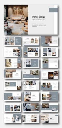 the interior design powerpoint presentation is shown in grey and white colors, with several different sections