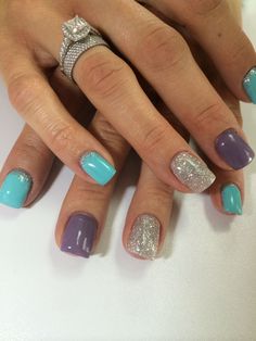 Tiffany blue, purple, silver sparkle! Purple And Turquoise Nails, Purple And Teal Nails, Turquoise Nail Designs, Purple And Silver Nails, Tiffany Blue Nails, Sns Nails Colors, Pedicure Ideas, Turquoise Nails