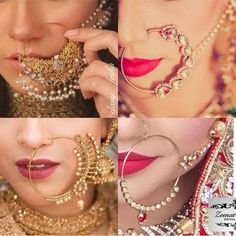 four different pictures of women with jewelry on their faces and hands, one woman's face is covered in jewels