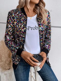 Style:Party \nType:Bomber \nDetails:Pocket \nDetails:Zipper \nDetails:Contrast Sequin \nPlacket:Zipper \nSleeve Type:Regular Sleeve \nNeckline:Baseball Collar \nColor:Multicolor \nPattern Type:Colorblock \nSleeve Length:Long Sleeve \nLength:Regular \nFit Type:Regular Fit \nFabric:Non-Stretch \nMaterial:Mesh Fabric \nComposition:100% Polyester \nCare Instructions:Hand wash,do not dry clean \nTemperature:Spring/Fall (18-25℃/63-77℉) \nPockets:No \nBody:Unlined \nSheer:No \nLining:100% Polyester \n Outfits Cold Weather, Eras Tour Outfits, Asymmetrical Pattern, Sleeves Details, Outfits Cold, Holiday Outfits Women, Tour Outfits, Party Music, Sequin Sleeve