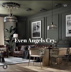 a living room filled with lots of furniture next to a dining table and couches