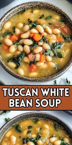 🍲 Tuscan White Bean Soup is a must-try dish that’s perfect for cozy nights or healthy meal prepping! This hearty and flavorful Italian soup is packed with protein-rich white beans, fresh vegetables, and aromatic herbs like rosemary and thyme.   👉 Pin this recipe now to save for later! 📌 Try making this easy, comforting soup and impress your family with its rich, savory taste.   #HealthyEating #EasyRecipes #TuscanSoup #VegetarianRecipes #MealPrep Bean Kale Soup Recipes, Soup Best Ever, White Bean Ditalini Soup, Beans And Greens Soup With Sausage, No Cholesterol Dinner Recipes, Tuscan Bean And Kale Soup, Creamy White Bean Soup With Kale, White Stew Recipes, Bacon White Bean Soup