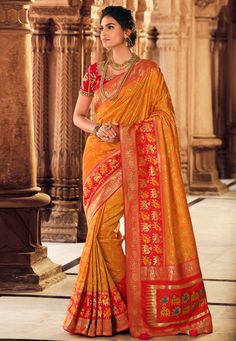 Buy Indian Wedding Party Wear Saree Orange silk festival wear saree 10138 online in USA, UK and Canada from KollyBollyEthnics.com Fabric Work, Latest Kurti, Designer Bridal Lehenga, Designer Silk Sarees, Kurti Designs Latest, Traditional Saree, Designer Sarees Online, Art Silk Sarees, Elegant Saree