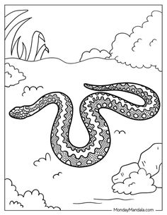 a coloring book page with a snake in the sky and clouds on it's side