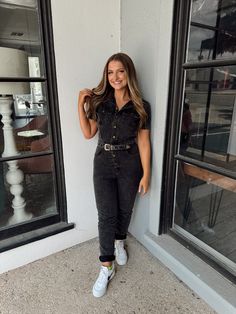 Transform your look into a fashion statement with this Elva Denim Buckled Jumpsuit! The belted waist and button-down design provide a flattering fit while the washed fabric adds a touch of effortless chic. Perfect for game days or any occasion, it's a must-have for any style-savvy individual. Shelby is 5'4" and wearing a size small - Runs small - Fabric is NOT stretchy- Kinda tight in the arms on me!- Size up if in between sizes Gameday Dress, Style Savvy, White Maxi, Effortless Chic, Black Jumpsuit, Pullover Sweatshirts, White Tops, Fashion Statement, Jumpsuit