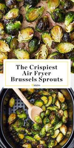 brussel sprouts in an air fryer with text overlay