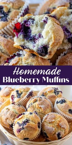 homemade blueberry muffins in a basket with text overlay