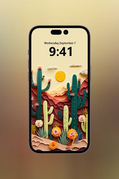 an iphone screen with the date on it, and cactuses in the back ground