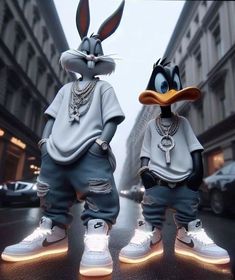 two cartoon characters are standing in the street