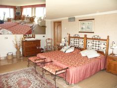 two pictures of a bedroom with furniture and decor on the walls, including a bed