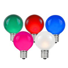 three different colored light bulbs sitting next to each other