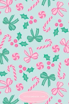 candy canes, holly and bows on a blue background with pink and green accents