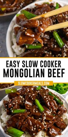 Close up of slow cooker Mongolian beef over rice garnished with sesame seeds and green onions. Slow Cooker Flank Steak, Slow Cooker Mongolian Beef Recipe, Crockpot Steak Recipes, Mongolian Beef Recipes, Flank Steak Recipes, Easy Crockpot Dinners, Slow Cooker Dinner