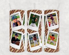 four different pictures hanging from the side of a cup with straws in it and baseball players on them