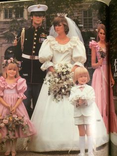 an open book with pictures of people in wedding dresses and children in formal dress standing next to each other