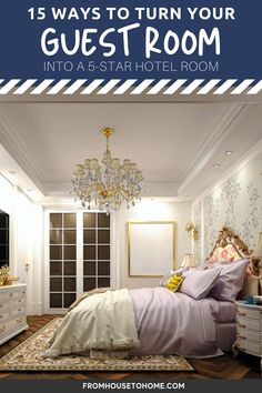 an elegant bedroom with chandelier, bed and dresser in the corner is featured on this