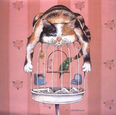 a painting of a cat sleeping on top of a bird cage