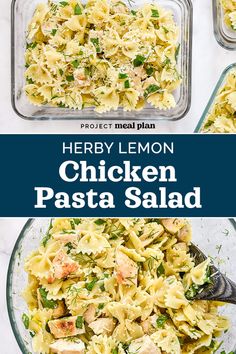 the chicken pasta salad is ready to be served in two separate glass dishes, and then topped with parmesan cheese