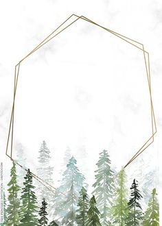 a watercolor painting with trees and a gold geometric frame on the top of it