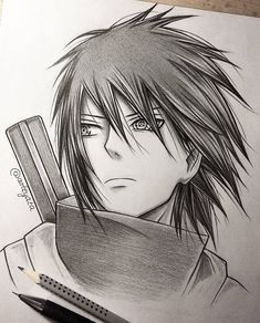 a pencil drawing of an anime character holding a knife