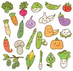 a bunch of vegetables that are drawn in different colors and shapes on a white background