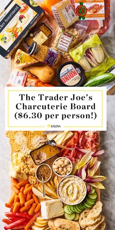 the trader joe's charcuterie board $ 6 50 per person with text overlay