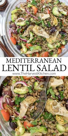 two plates filled with different types of salads and the words mediterranean lentil salad