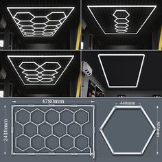 four different views of the ceiling light fixture in various angles and sizes, with measurements for each section