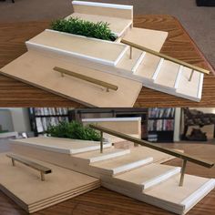 three different views of a wooden box with plants growing out of the top and bottom