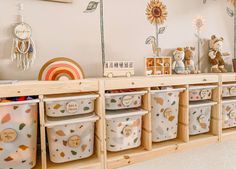 children's toys are lined up on the shelves