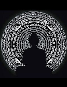 the silhouette of a person in front of a circular pattern on a black background with white lettering