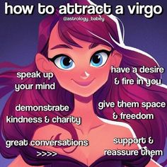 a woman with purple hair and blue eyes is featured in the article how to attract a virgo