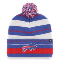 a beanie with the buffalo bills logo on it and a pom - pom