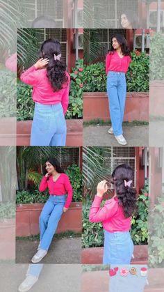 a collage of photos showing different ways to wear blue jeans and a pink top