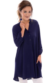 Tiffany Crepe Tunic, Navy :: NEW ARRIVALS :: The Blue Door Boutique Casual Fall Tunic With Buttons, Fall Daywear Tunic With Shirttail Hem, Fall Button-up Casual Tunic, Casual Buttoned Tunic For Work, Casual Fall Tunic For Workwear, V-neck Tunic For Work In Fall, Blue Door, Pretty Colours, Long Length