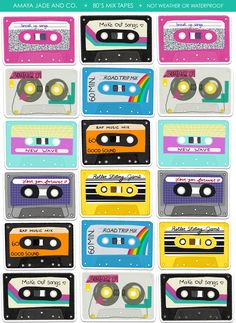 a bunch of cassette tapes with different colors and designs on them, all lined up in rows