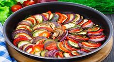 a pan filled with sliced up vegetables on top of a table