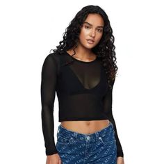 New With Tags True Religion Sheer Mesh Crop Top - Size Large Black Sheer Mesh Trendy Black Sheer Crop Top, Trendy Black Mesh Top For Layering, Black Sheer Crop Top For Spring, Spring Sheer Black Crop Top, Casual Mesh Top For Layering, Black Mesh Crop Top, Mesh Crop Top, Sleeve Women, Mesh Design