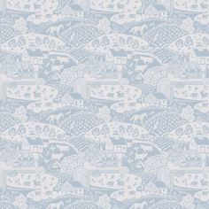 a blue and white wallpaper pattern with houses, trees, and animals on it