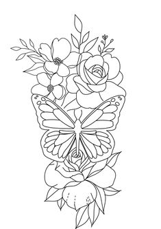 a black and white drawing of flowers in a vase with butterflies on it's wings