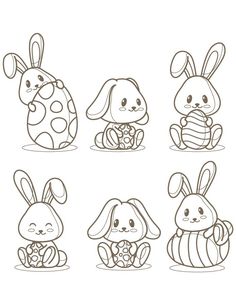 four cartoon rabbits sitting in different positions, one holding an egg and the other eating