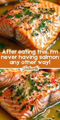 two salmons with herbs on them and the caption after eating this, i'm never having salmon any other way