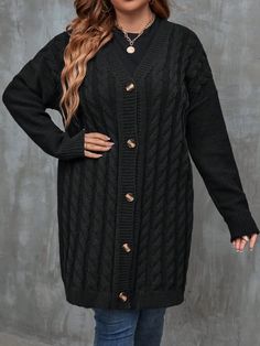 Details:Button \nStyle:Casual \nNeckline:V neck \nSleeve Type:Drop Shoulder \nColor:Black \nPattern Type:Plain \nSleeve Length:Long Sleeve \nLength:Knee Length \nFit Type:Regular Fit \nFabric:Slight Stretch \nMaterial:Fabric \nComposition:100% Polyester \nCare Instructions:Hand wash,do not dry clean \nTemperature:Spring/Fall (18-25℃/63-77℉) \nSheer:No \n Plus Size Cardigans, Button Front Cardigan, Cable Knit Cardigan, Formal Dresses For Women, Style Cardigan, Fabric Collars, Clothing Size Chart, Womens Clothing Sizes, Long Sleeve Cardigan