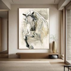 a large white horse is in the middle of a room with beige walls and flooring